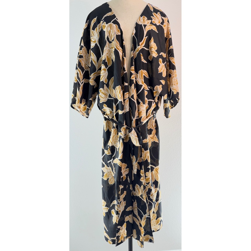 Maison Du Soir Kimono Maxi Robe Black Gold Floral Leaf Loungewear Resort L/XL - Picture 3 of 8